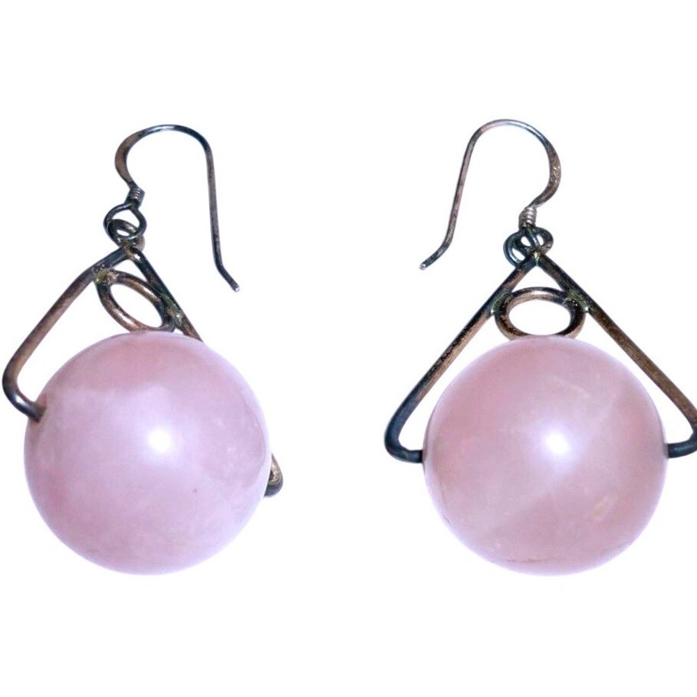 Vintage Rose Quartz Sphere Drop Earrings Pink Stone Geometric Boho Silver Tone